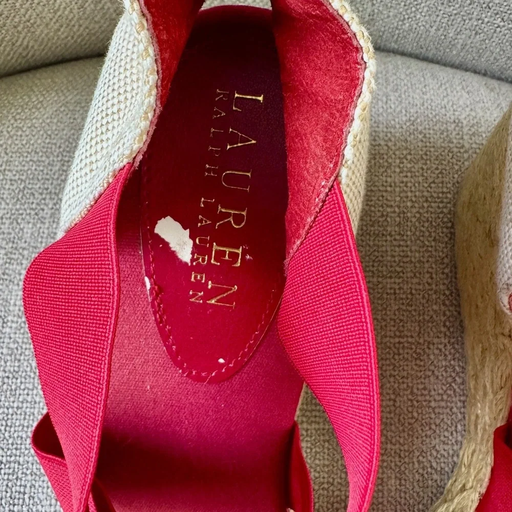 Lauren Ralph Lauren Red Espadrille Wedge Sandals Elastic Straps
